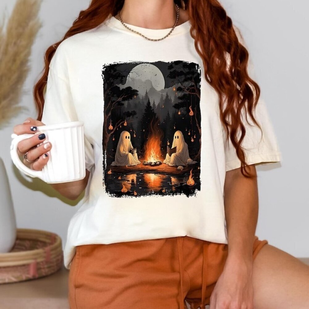 Camping Halloween Ghost Reading Book Spooky Graphic Unisex T-Shirt